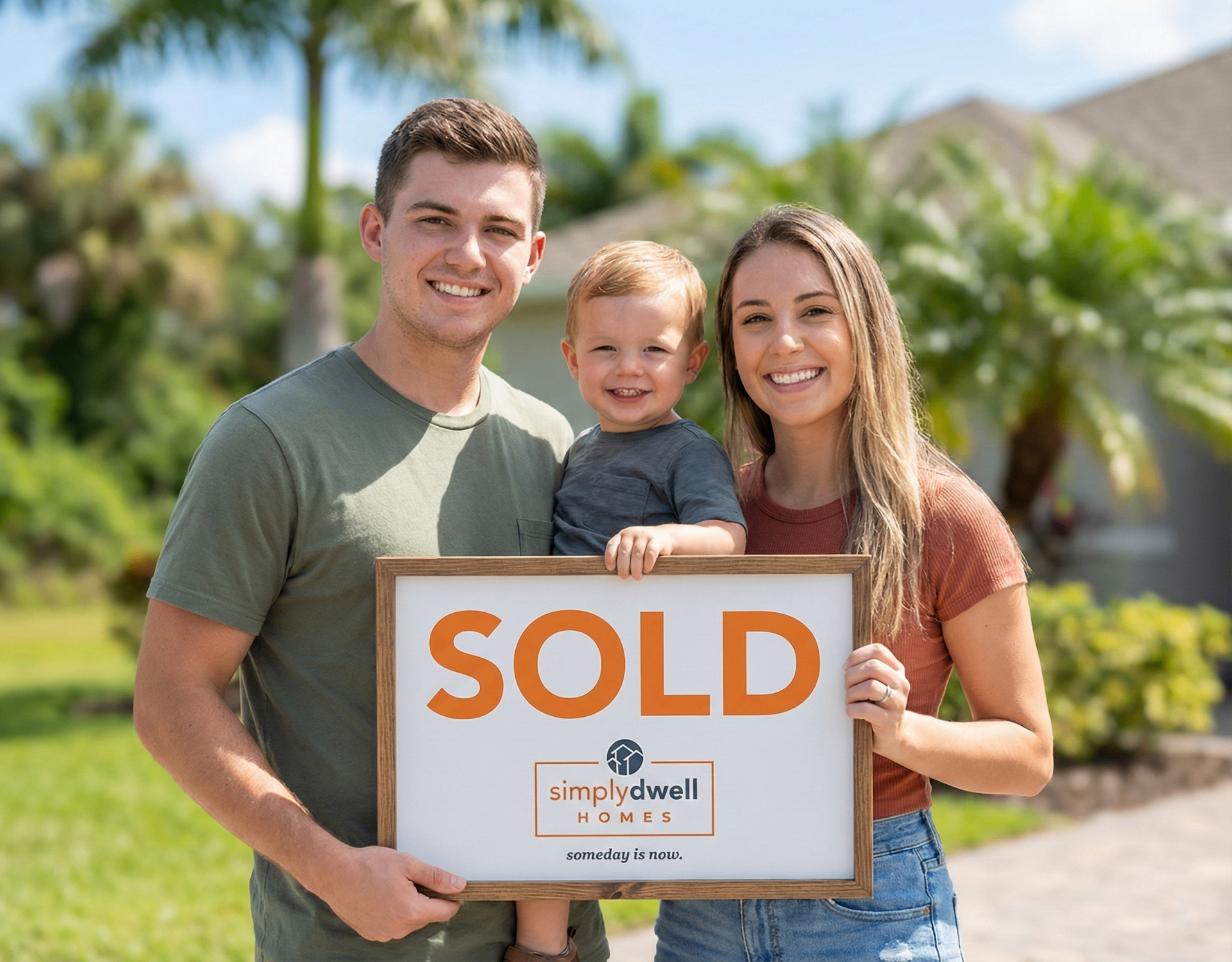 Happy family in front of their new SimplyDwell home with a SOLD sign